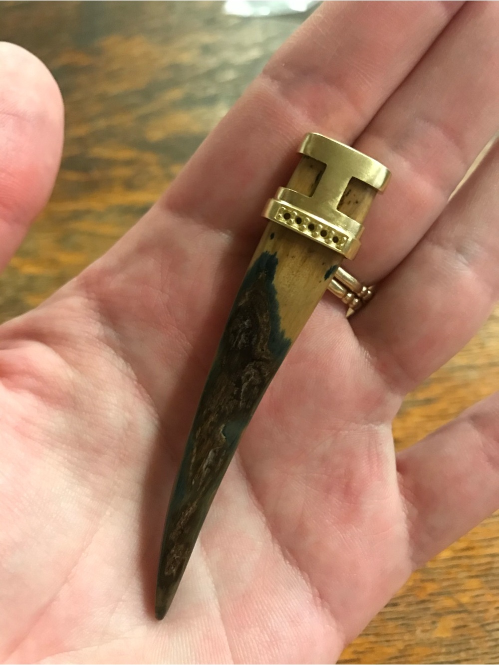 Hand Crafted 18 Karat Yellow Gold Pendant - Mammoth Tusk & Blue Diamond Dagger - Picture 12 of 12